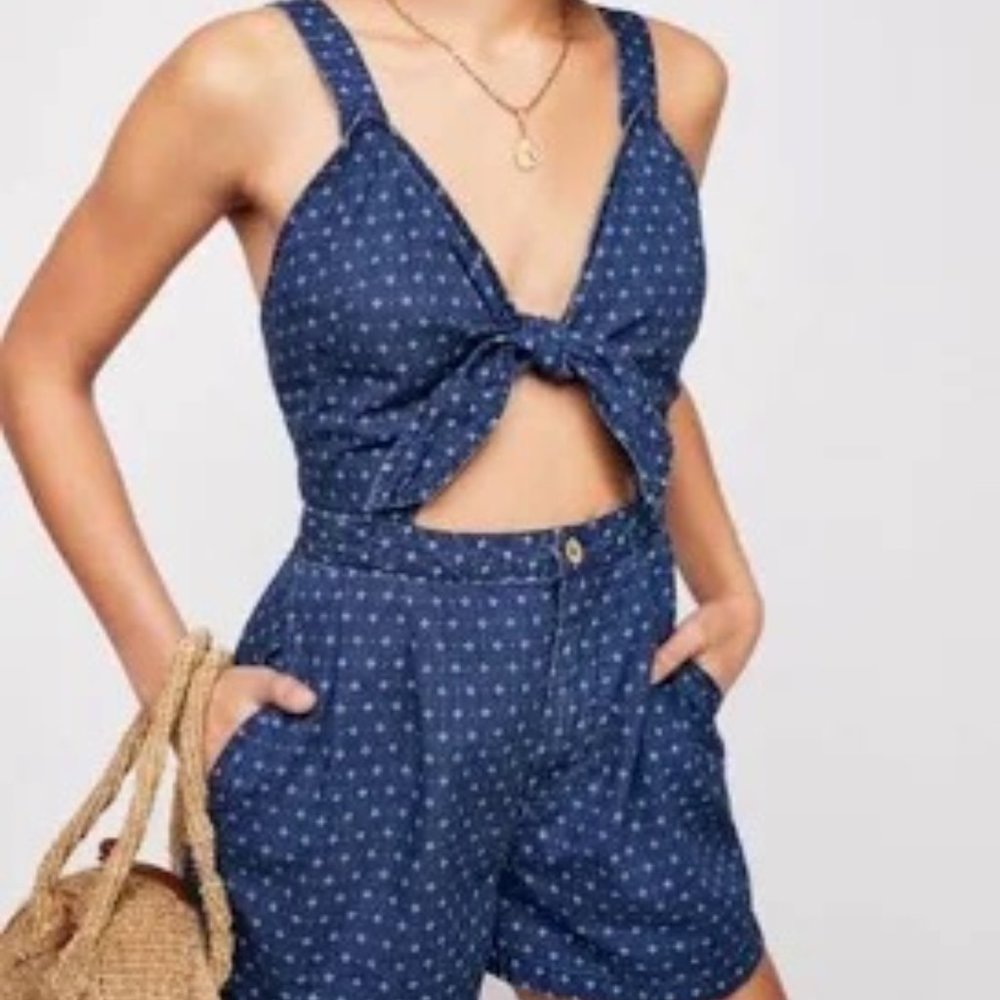 Free People Take Me Somewhere Pattern Denim Romper